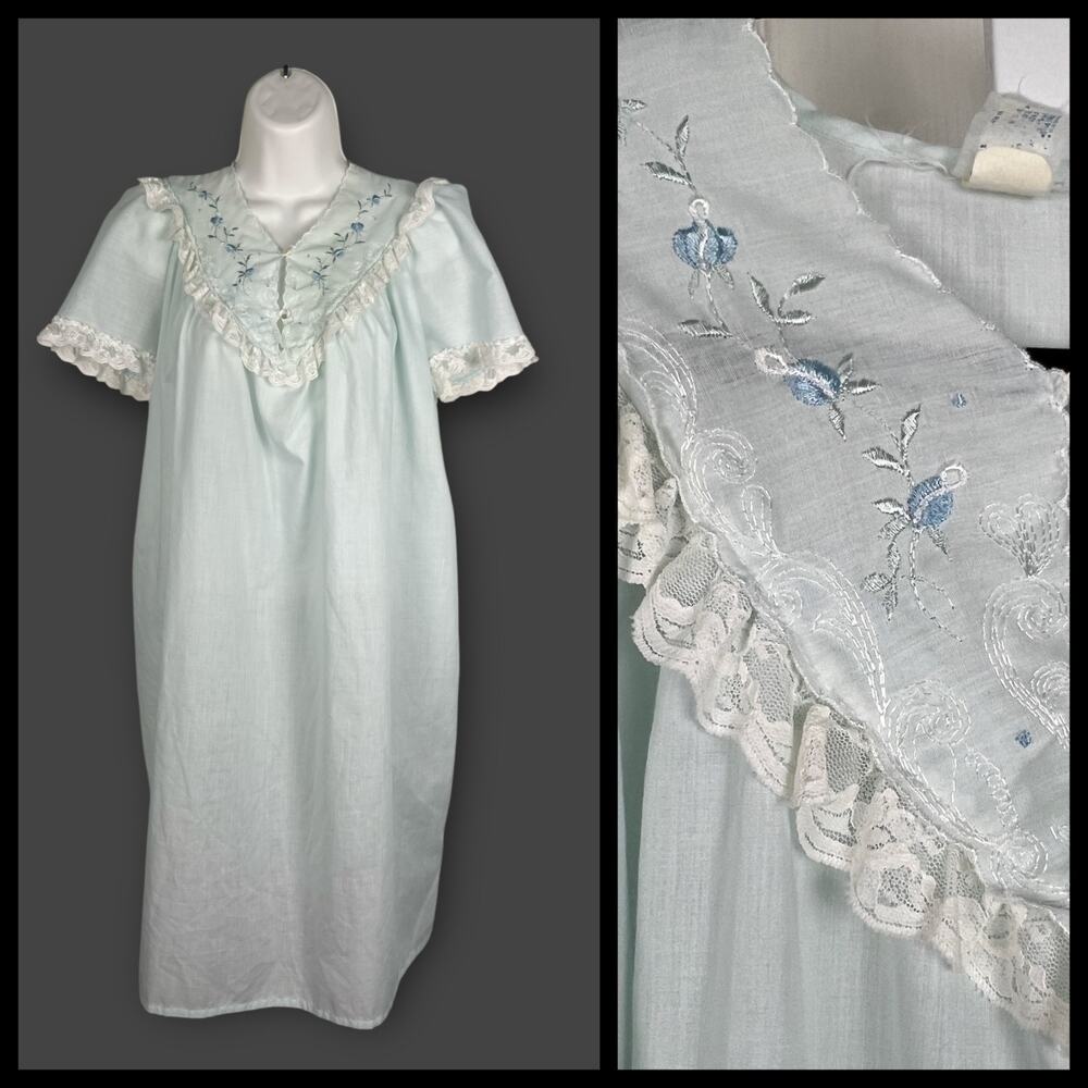 Katz Nightgown Nightie Vintage 70s Lace Trim Fairy Whimsy‎ Blue Medium Womens